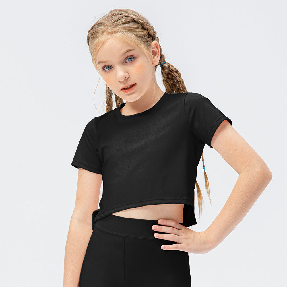 Kids 2 pieces activewear shorts sleeve & yoga top is made from breathable and flexible materials that provides comfort to enable kids to enjoy playing and be active.