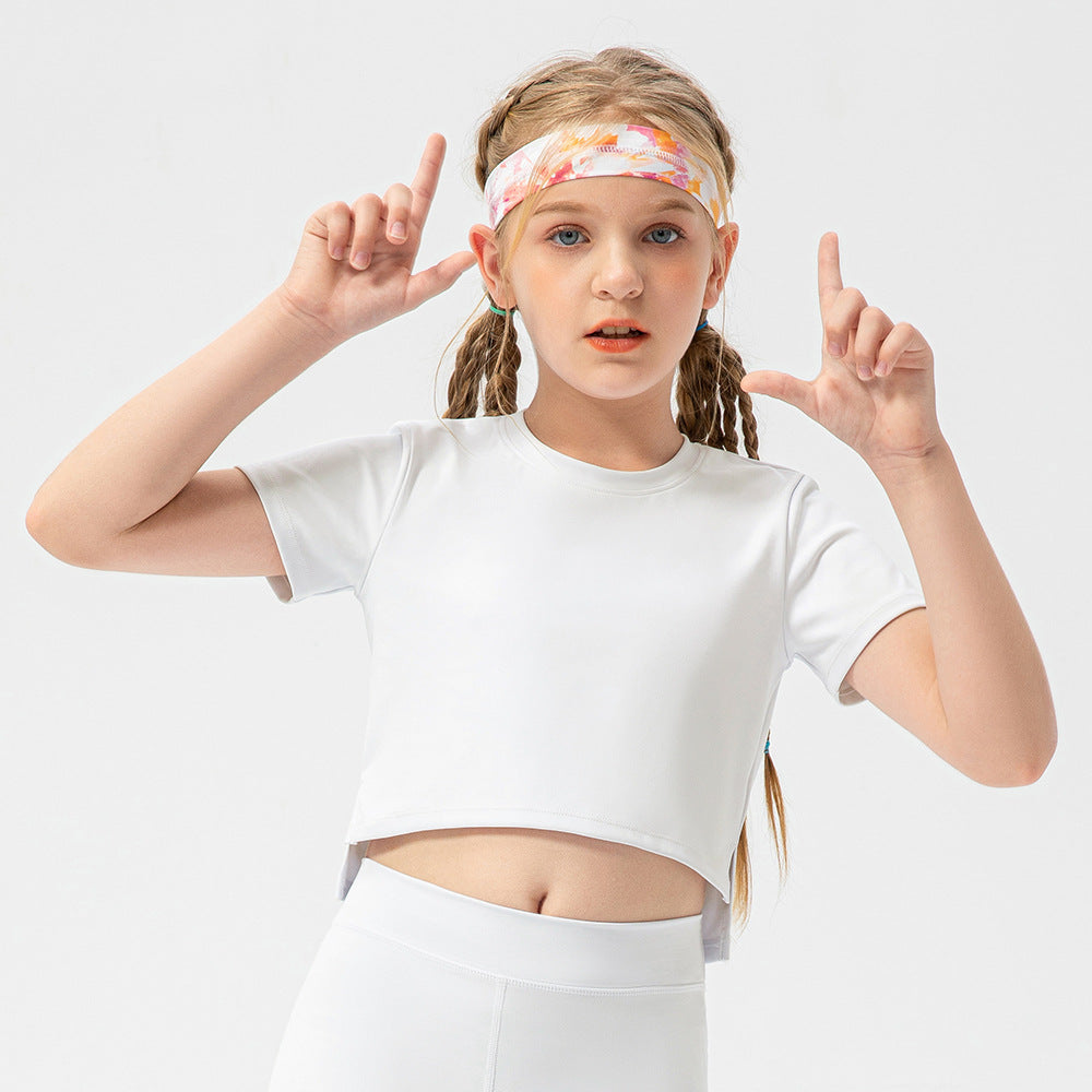 Kids 2 pieces activewear shorts sleeve & yoga top is made from breathable and flexible materials that provides comfort to enable kids to enjoy playing and be active.