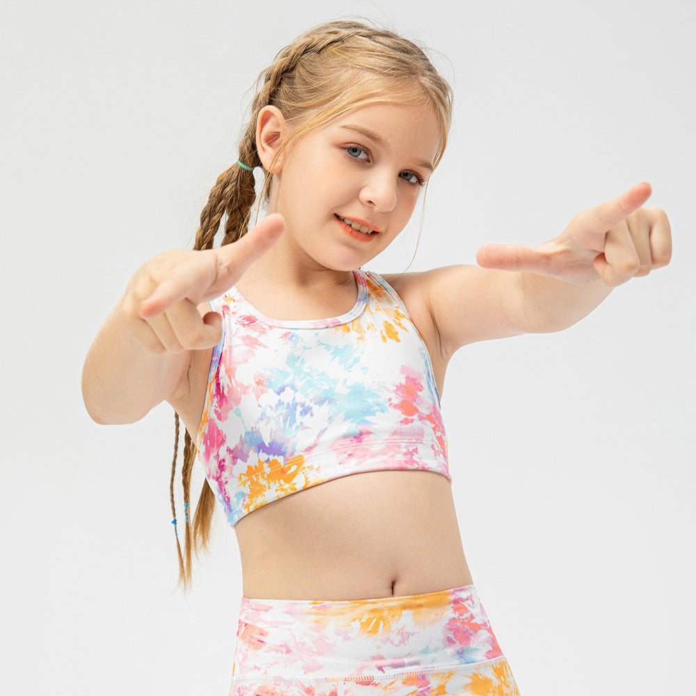 Kid's tie &dye gym wear & workout clothes is made from nylon and spandex and is breathable and flexible materials that provides comfort to enable kids to enjoy playing and be active.