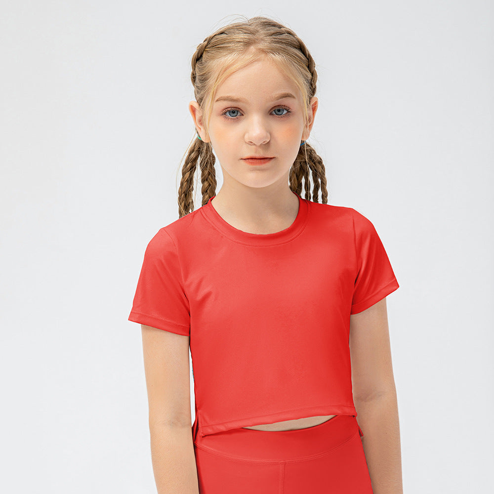 Kids 2 pieces activewear shorts sleeve & yoga top is made from breathable and flexible materials that provides comfort to enable kids to enjoy playing and be active.