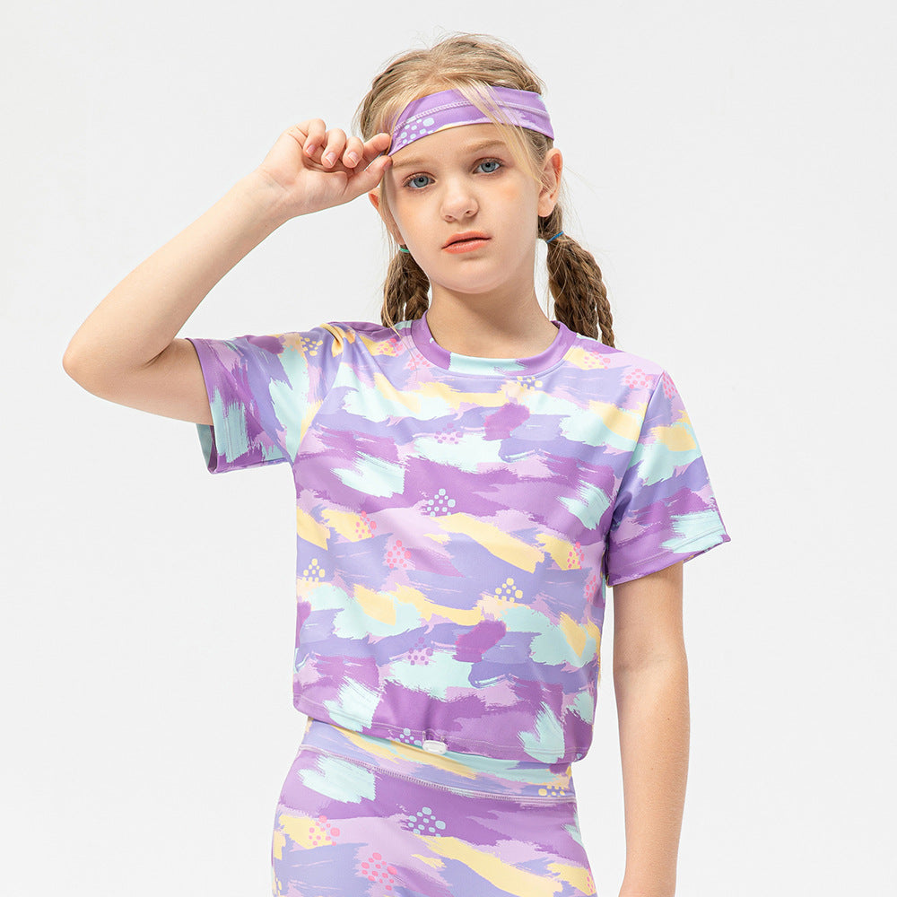 Kid's tie &dye gym wear & workout clothes is made from nylon and spandex and is breathable and flexible materials that provides comfort to enable kids to enjoy playing and be active.