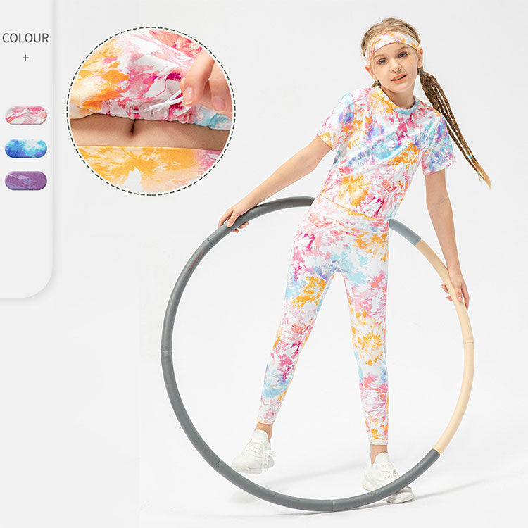 Kid's tie &dye gym wear & workout clothes is made from nylon and spandex and is breathable and flexible materials that provides comfort to enable kids to enjoy playing and be active.