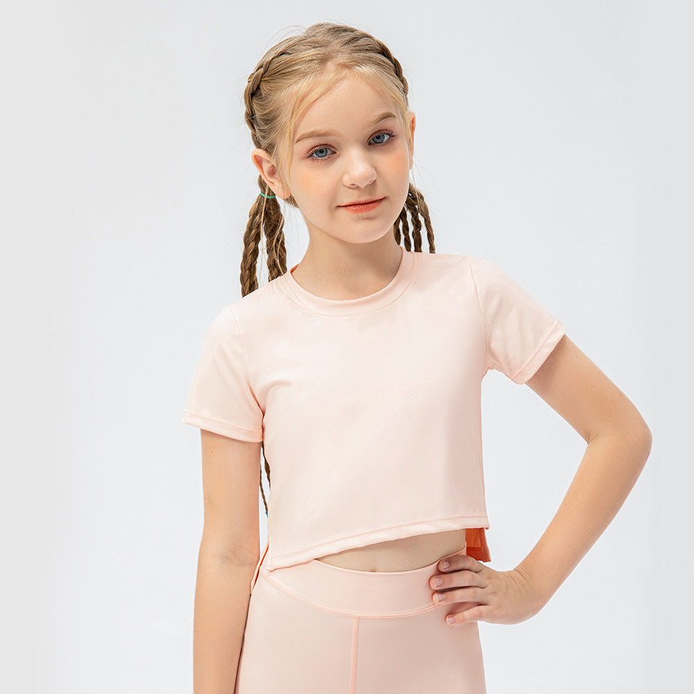 Kids 2 pieces activewear shorts sleeve & yoga top is made from breathable and flexible materials that provides comfort to enable kids to enjoy playing and be active.