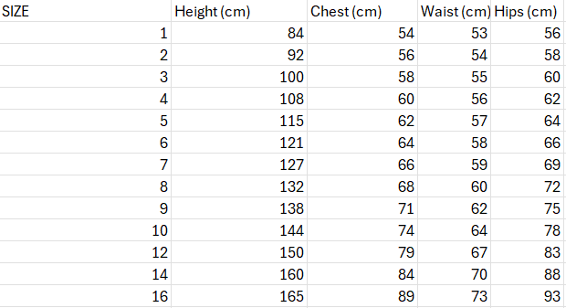 Size chart for Kids 2 pieces activewear shorts sleeve & yoga top