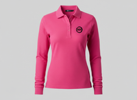 Pink sussxsports long-sleeve polo shirt with a logo on a gray background