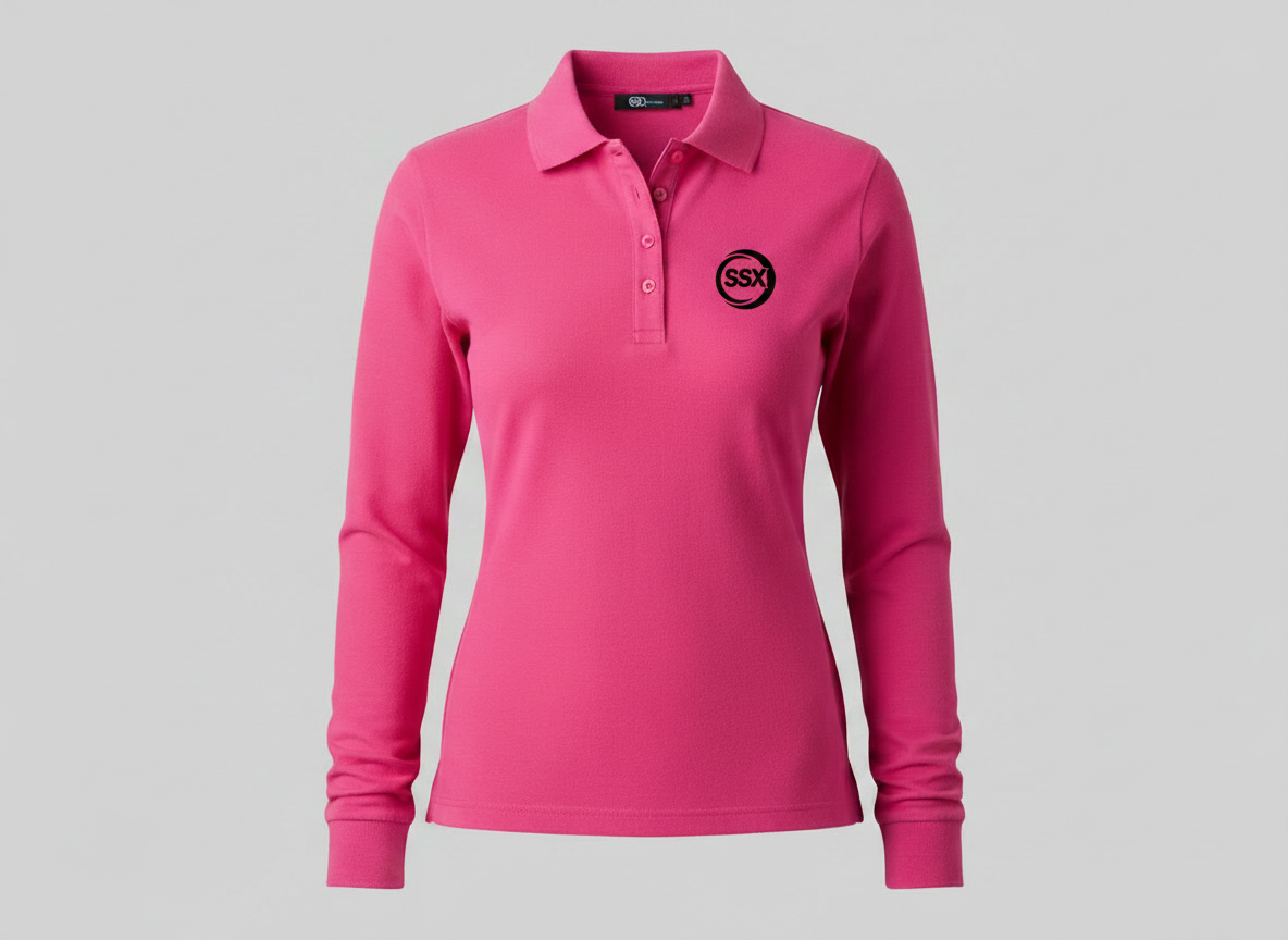 Pink sussxsports long-sleeve polo shirt with a logo on a gray background