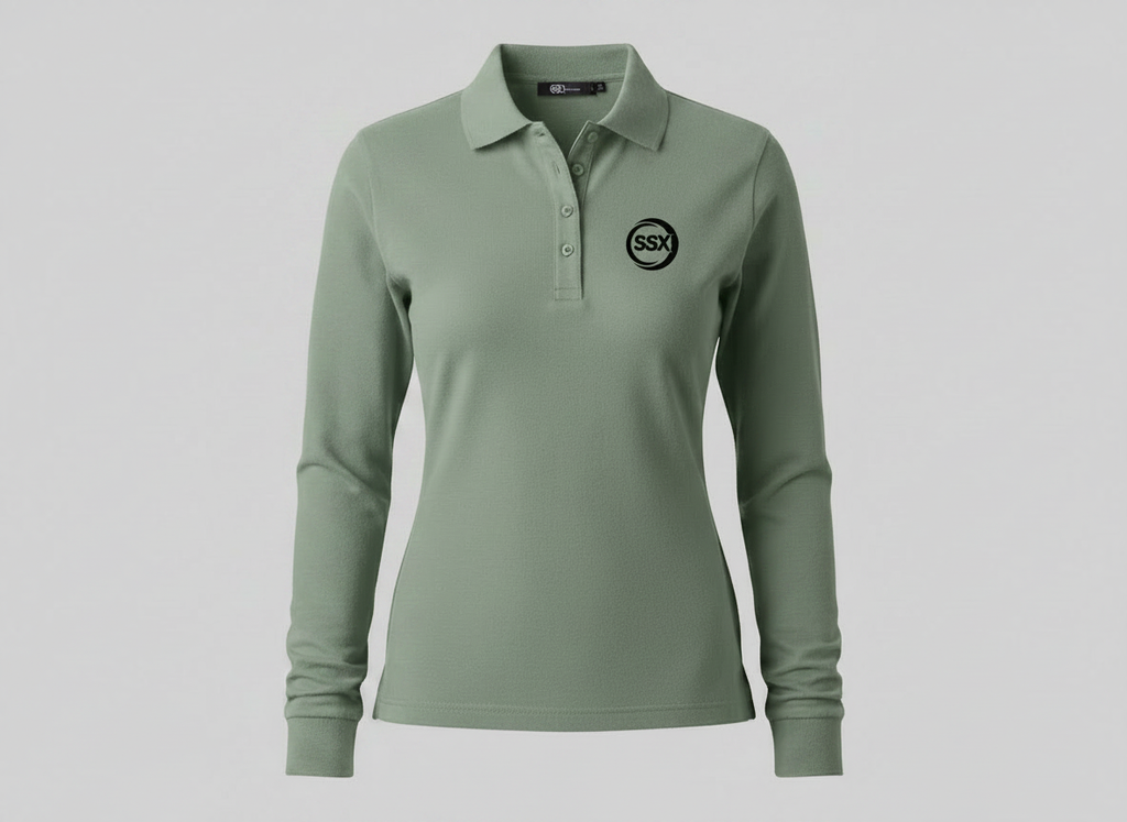 Green Sussxsports long-sleeve polo shirt with a logo on a gray background