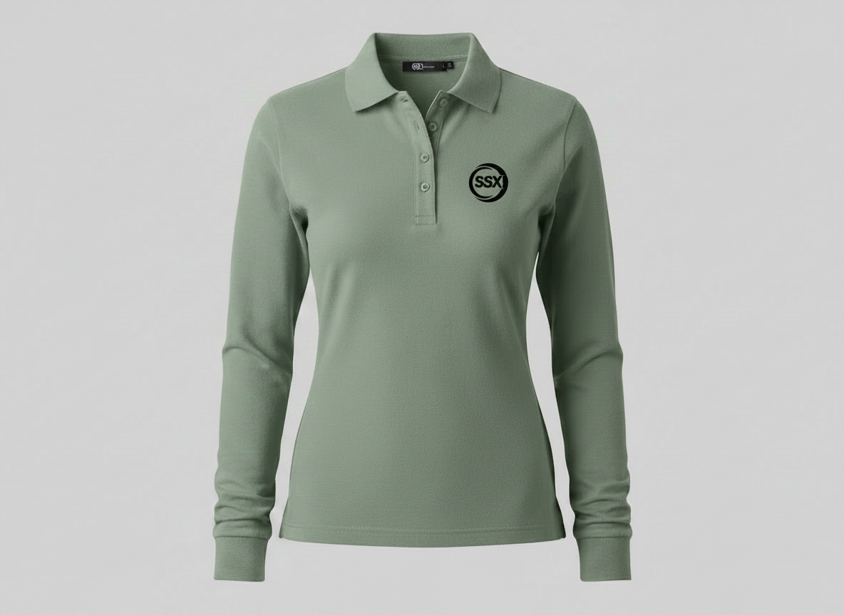 Green Sussxsports long-sleeve polo shirt with a logo on a gray background