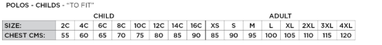 Size chart for Madora Bay Primary School -  Leavers Polo Shirt