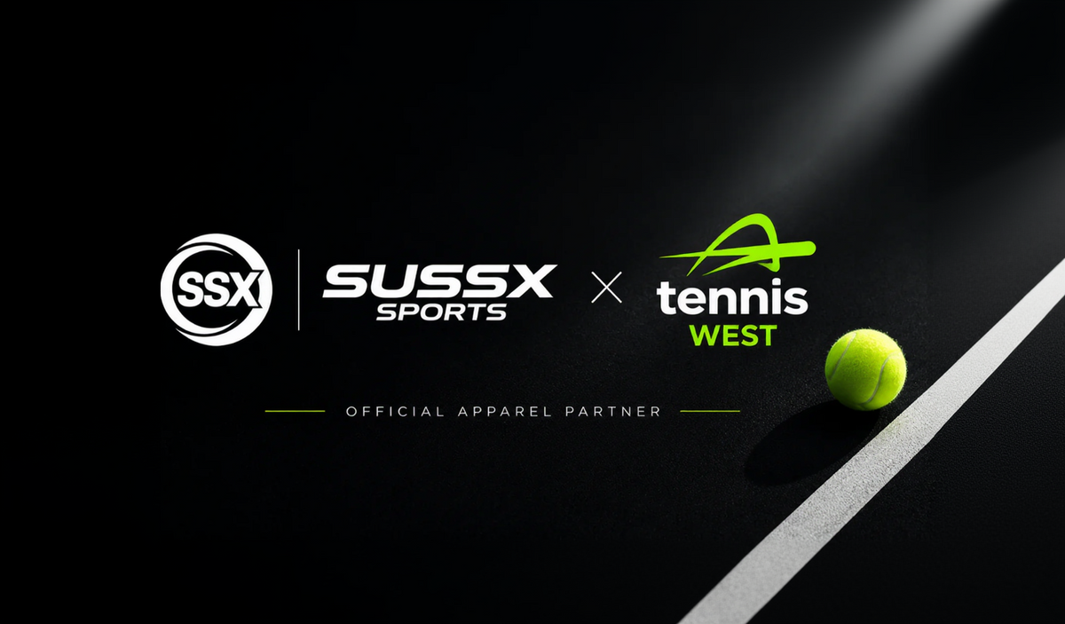 Collaboration between SSX Sports and Tennis West on a dark background with a tennis ball.