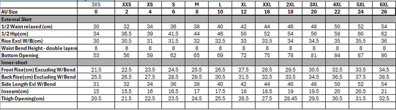 Size chart for Vaela High-Rise Pleated Tennis Skirt