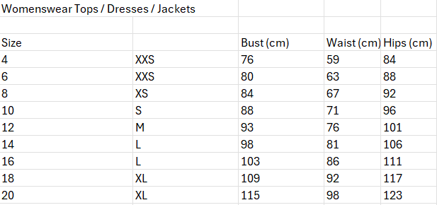 Size chart for Vaela Slim Winter Jacket
