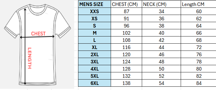 Size chart for Men`s 100% Cotton Tee