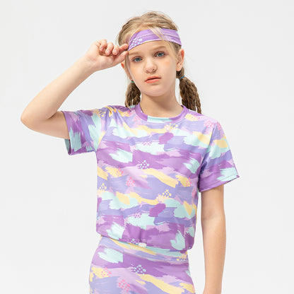 Kid's tie &dye gym wear & workout clothes is made from nylon and spandex and is breathable and flexible materials that provides comfort to enable kids to enjoy playing and be active.