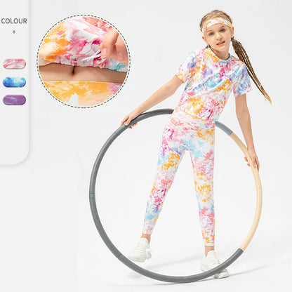 Kid's tie &dye gym wear & workout clothes is made from nylon and spandex and is breathable and flexible materials that provides comfort to enable kids to enjoy playing and be active.