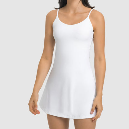 This women's thin strap tennis dress/sports skirts with shorts offers the ultimate comfort and keeps you cool during those intense tennis matches. The fabric is very light and soft, just like the second layer of skin put on it as if there is nothing. Its ultra flexible and can stretch to enable you to reach those tricky low balls and execute offense when under pressure. 